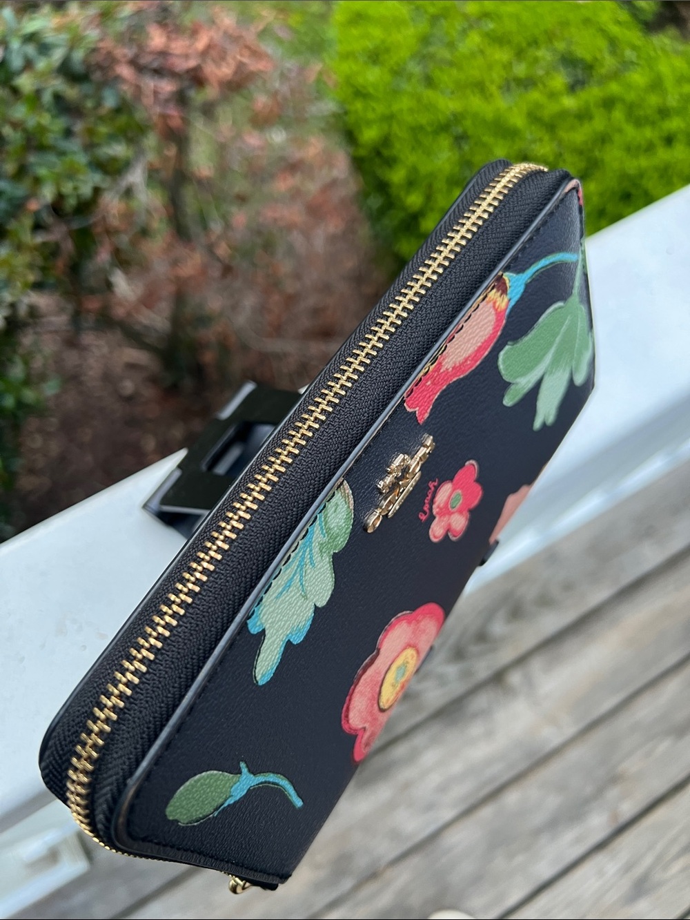 Coach Black Floral Zip-Around Wallet with Pink and Green Blooms - Picture 4 of 16